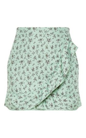 Sage Green Floral Print Frill Hem Wrap Mini Skirt | PrettyLittleThing