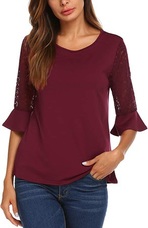 Meaneor 3/4 Sleeve Women Tops and Blouses Solid Lace Summer Tops Round Neck T-Shirts for Women S-XXL at Amazon Women’s Clothing store
