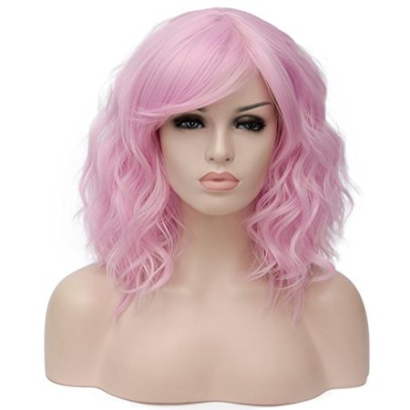 Alacos Fashion 35cm Short Curly Bob Anime Cosplay Wig Daily Party Christmas Halloween Synthetic Heat Resistant Wig for Women +Free Wig Cap (Pink-Purple Side Parting)
