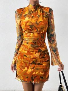 All over Print Fall Colors Ruched Dress