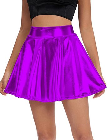 Women's Shiny Flared Pleated Mini Skater Skirt (L, Purple) at Amazon Women’s Clothing store