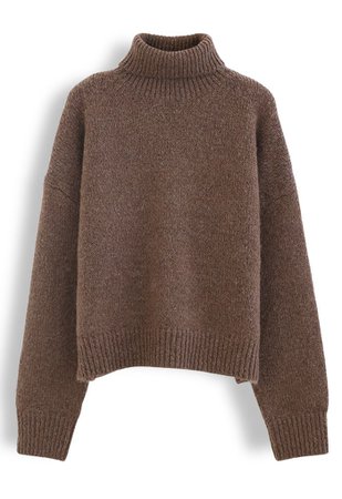 Chic Turtleneck Fuzzy Knit Sweater in Brown - Retro, Indie and Unique Fashion