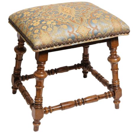 Jacobean Style Stool with Gold and Blue Damask Fabric For Sale at 1stDibs