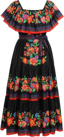 Women Mexican Dress Off Shoulder Floral Long Maxi Dress Summer Beach Party Cinco de Mayo Dresses with Belt at Amazon Women’s Clothing store