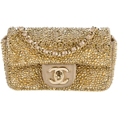 Chanel Gold Crystal Leather Small Mini Evening Shoulder Flap Bag