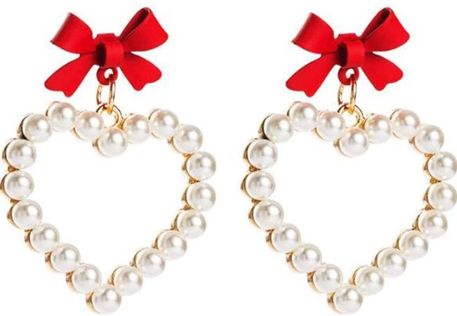Heart Pearl Earrings with Red Ribbon