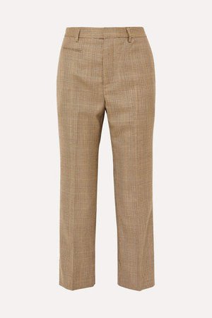 Cropped Leopard Print Voile-trimmed Checked Wool Straight-leg Pants - Brown
