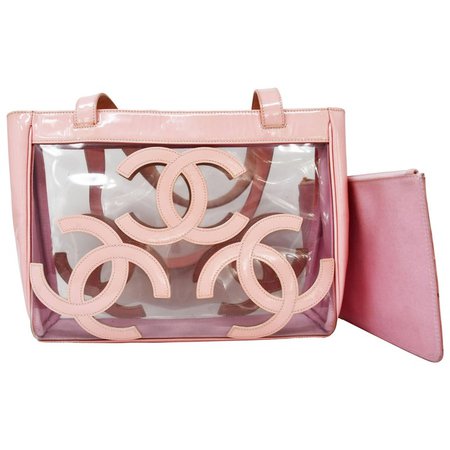 Gorgeous Chanel Nude / Pale Pink patent leather CC Logo Clear Tote Bag For Sale at 1stdibs