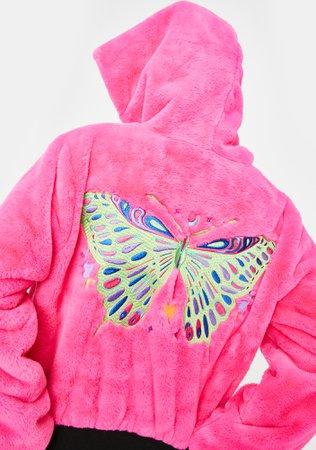 Club Exx Hot Pink Faux Fur Butterfly Embroidered Cropped Hooded Jacket | Dolls Kill