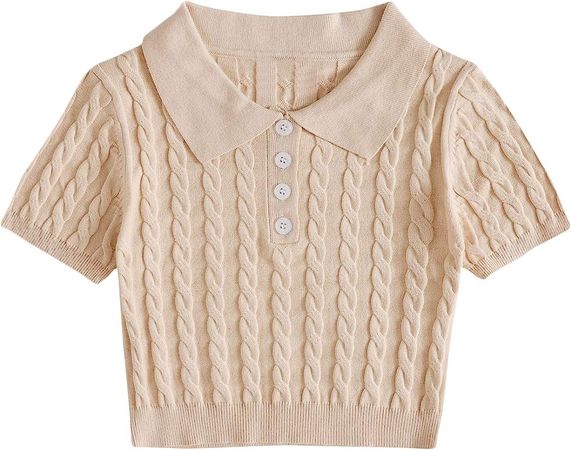 Verdusa Women's Button Front Short Sleeve Cable Knit Crop Top Pullover Sweater Apricot S at Amazon Women’s Clothing store