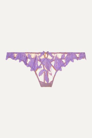 FLEUR DU MAL Lily embroidered satin and stretch-tulle thong