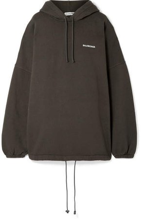 Oversized Embroidered Cotton-blend Fleece Hooded Top - Charcoal