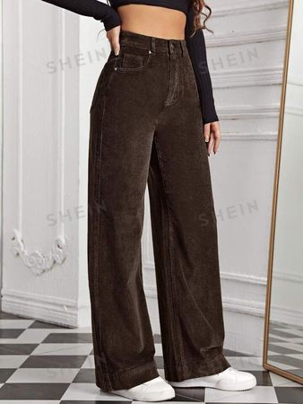 SHEIN EZwear High Waist Slant Pocket Corduroy Pants | SHEIN