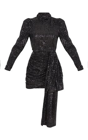 Black Sequin High Neck Draped Bodycon Dress | PrettyLittleThing USA