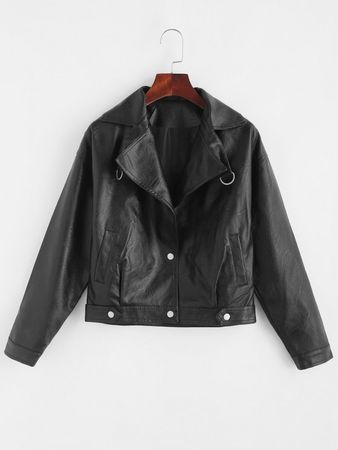 Faux Leather Snap Button Pockets Biker Jacket In BLACK | ZAFUL 2023