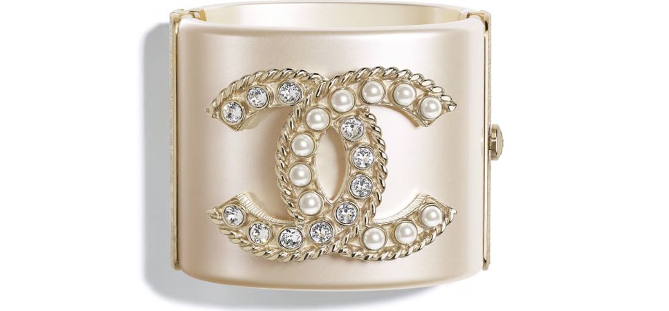 Cuff, resin, glass pearls, diamanté & metal, gold, pearly white & crystal - CHANEL