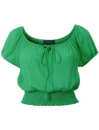 LE3NO Womens Casual Short Sleeve Smocked Boho Crinkled Cropped Blouse Top | LE3NO green