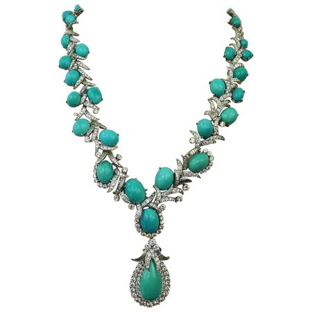 David Webb Turquoise and Diamond Platinum Necklace with detachable pendant/brooch For Sale at 1stDibs