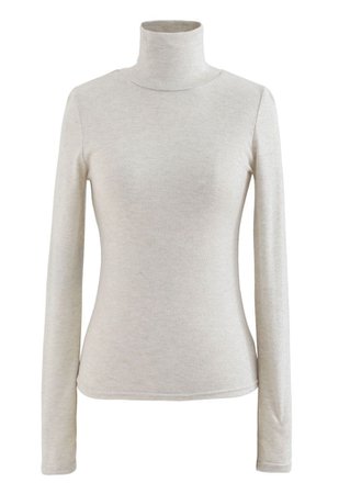 Turtleneck Thumb Hole Fitted Knit Top in Linen - Retro, Indie and Unique Fashion
