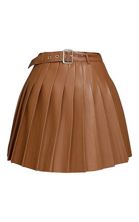 Tan Faux Leather Belted Skater Skirt | PrettyLittleThing USA