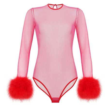 Mesh Hot Pink Fuchsia Sheer Sexy Long Sleeve Bodysuit With Feather | KÂfemme | Wolf & Badger