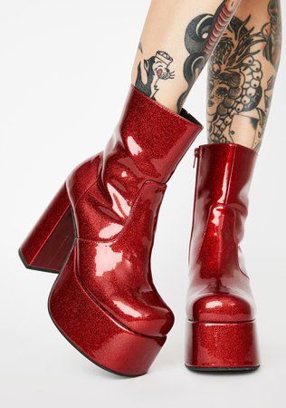 Horoscopez Capricorn Red Metallic Sparkle Glitter Chunky Platform Ankle Boots | Dolls Kill