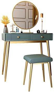 Dressing Table Blue with a Mirror Makeup Vanity Table Bedroom Dresser Set with Dressing Stool & Two Drawers