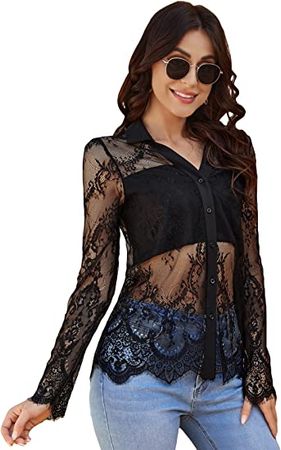 SheIn Women's Floral Sheer Lace Long Sleeve Blouse Button Front Collar Tops Shirt at Amazon Women’s Clothing store