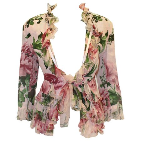 Dolce and Gabbana Pink Floral Print Fringe and Ruffle Jacket For Sale at 1stdibs