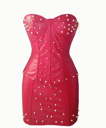 *clipped by @luci-her* Leather Corset Dress Faux Leather Spiked Pad Push up Corset Set with Skirt