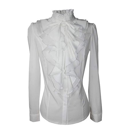Shirts for Women Stand-Up Collar Vintage Victoria Ruffle Long Sleeve (S, BS02-White) at Amazon Women’s Clothing store