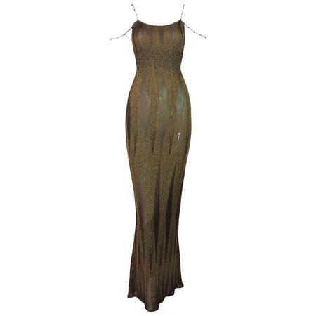 Christian Dior Sheer Black and Gold Knit Wiggle Gown Dress, 1990s For Sale at 1stdibs