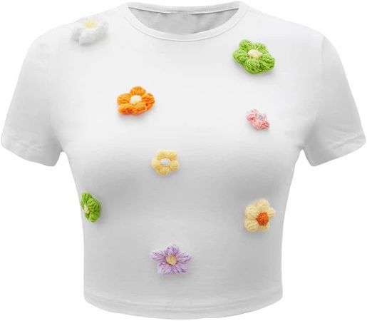 Verdusa Women's Floral Appliques Crop Tee Top Short Sleeve Round Neck T Shirts White L at Amazon Women’s Clothing store