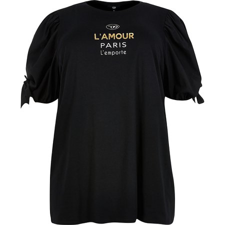 Plus black short puff sleeve printed t shirt | River Island