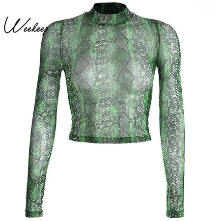 Weekeep Women Sexy Snake Print Perspective t shirt Bodycon Long Sleeve O neck tshirt Streetwear Cropped Mesh Top tee shirt femme-in T-Shirts from Women's Clothing on Aliexpress.com | Alibaba Group