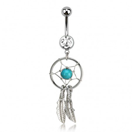 Belly bar with dangling dreamcatcher with turquoise stone