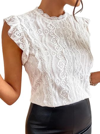 Verdusa Women's Elegant Butterfly Sleeve Mock Neck Lace Blouse Top White S at Amazon Women’s Clothing store