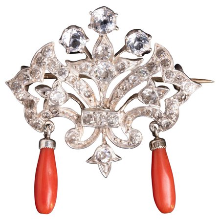 Antique Victorian Clear Paste and Coral Brooch For Sale at 1stDibs