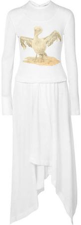 Asymmetric Printed Ribbed Cotton-blend Dress - White