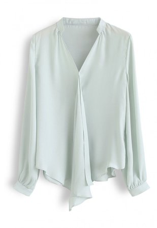 Front Ruffle V-Neck Shirt in Mint - NEW ARRIVALS - Retro, Indie and Unique Fashion
