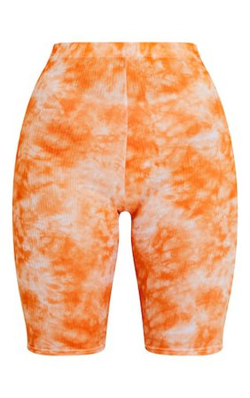 Orange Tie Dye Rib Cycle Shorts | Shorts | PrettyLittleThing