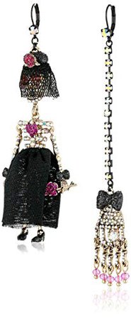 Betsey Johnson Women's Creepshow Skull Girl Non-Matching Earrings Pink/Antique Gold Drop Earrings: Jewelry