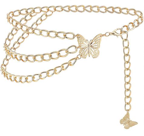 Glamorstar Multilayer Chain Belts 14K Gold Waist Belt for Women Metal Body Chain for Ladies Dresses Butterfly Gold Plus Size 130CM/51.2IN