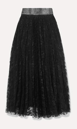 Crystal-embellished Pleated Lace Midi Skirt - Black