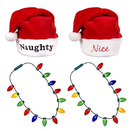Amazon.com: Windy City Novelties Naughty & Nice Santa Hats + 2 Pack Light Up Christmas Bulb Necklace Red: Gateway