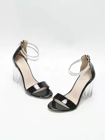 Women Rhinestone Decor Clear Chunky Heeled Sandals, Fashion Black Ankle Strap Sandals | SHEIN USA