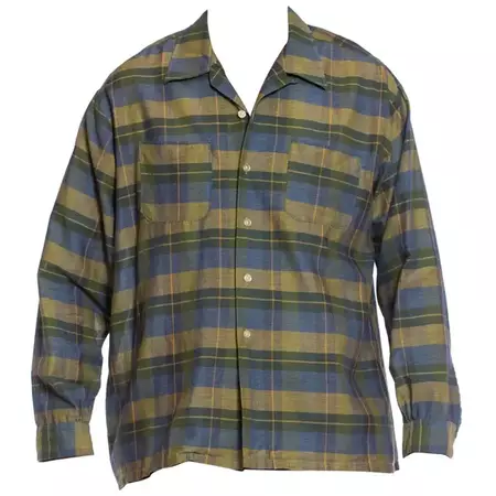 1950S Blue and Green Cotton Rare XL Men's Long Sleeve Plaid Shirt For Sale at 1stDibs