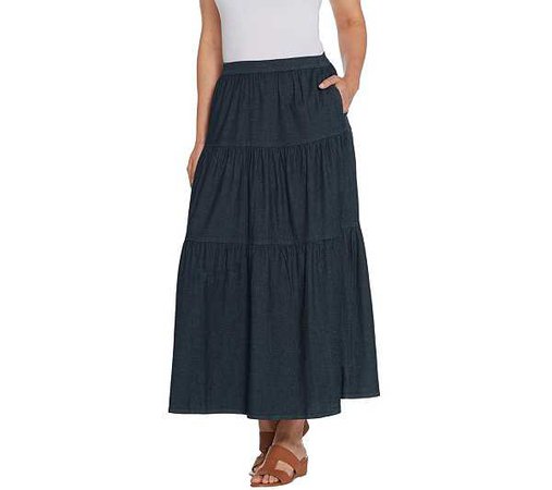 Denim & Co. Petite Stretch Chambray Tiered Pull-On Maxi Skirt - Page 1 — QVC.com
