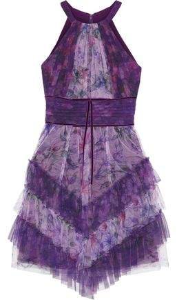 Tiered Velvet-trimmed Floral-print Tulle Mini Dress