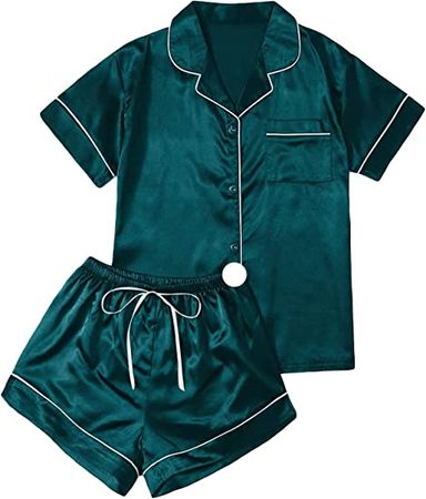 Verdusa Women's 2pc Satin Nightwear Button Front Sleepwear Short Sleeve Pajamas Set Green at Amazon Women’s Clothing store